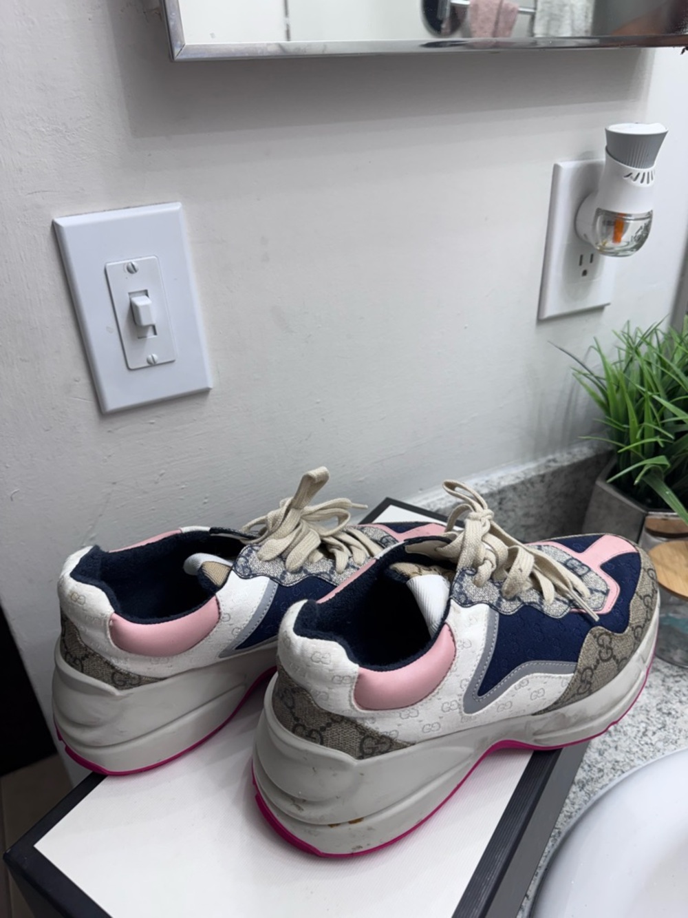 Gucci Beige, Navy & Pink Chunky GG Runner Sneakers - Picture 2 of 3